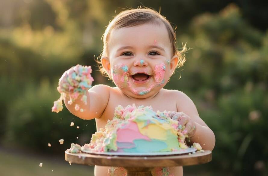 A joyous close-up of a baby mid-smash, covered in vibrant cake icing, with a sparkling background, captured during a joyful first birthday cake smash photography Murrumbeena session.