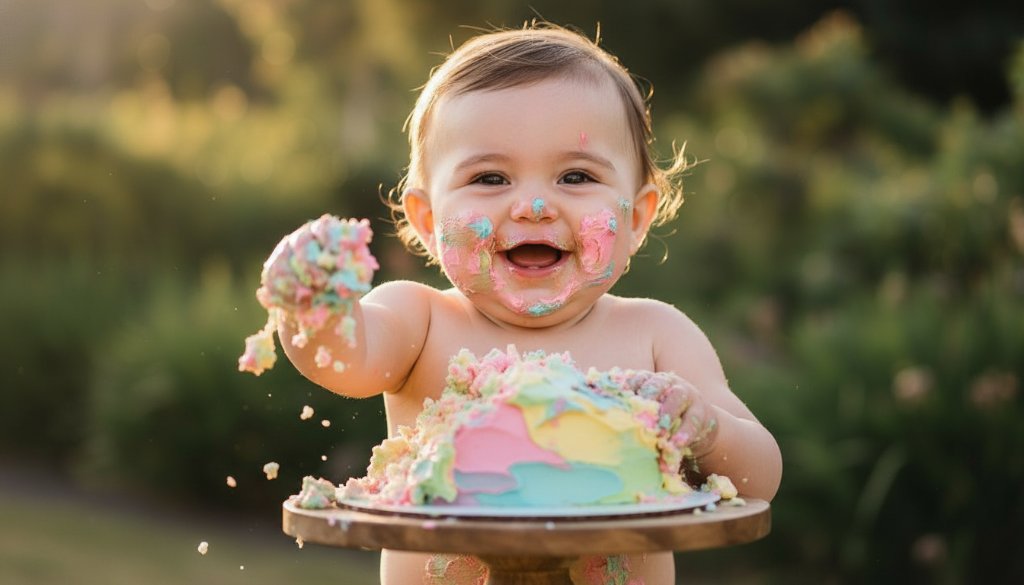 A joyous close-up of a baby mid-smash, covered in vibrant cake icing, with a sparkling background, captured during a joyful first birthday cake smash photography Murrumbeena session.