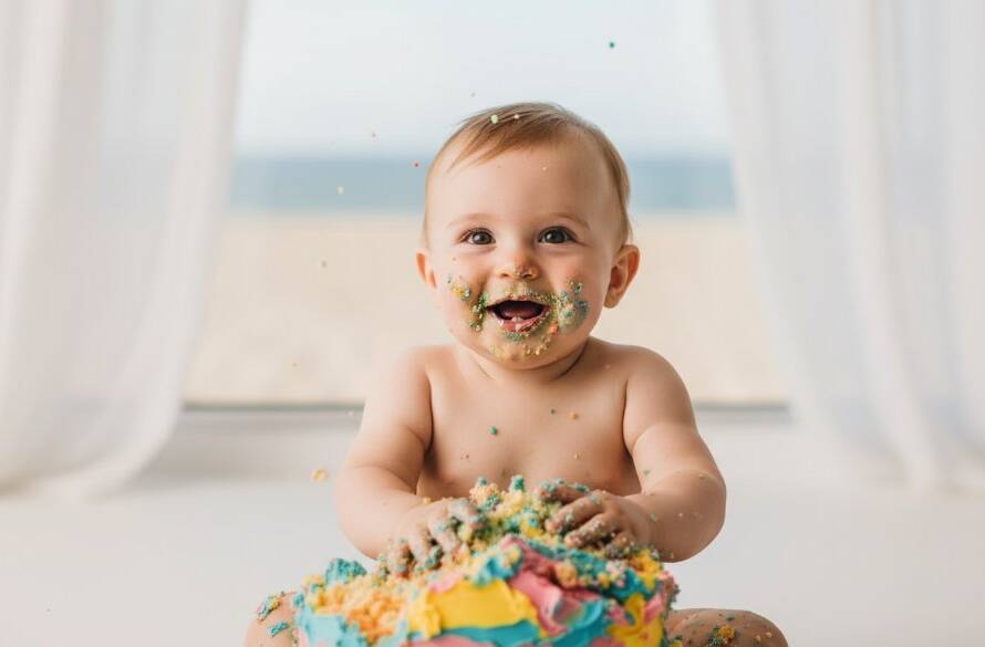 A vibrant and joyful first birthday cake smash photography Parkdale Victoria scene, featuring a beaming baby covered in colourful icing, surrounded by pastel balloons and soft, natural light, capturing an epic moment of pure delight.
