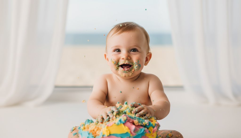 A vibrant and joyful first birthday cake smash photography Parkdale Victoria scene, featuring a beaming baby covered in colourful icing, surrounded by pastel balloons and soft, natural light, capturing an epic moment of pure delight.