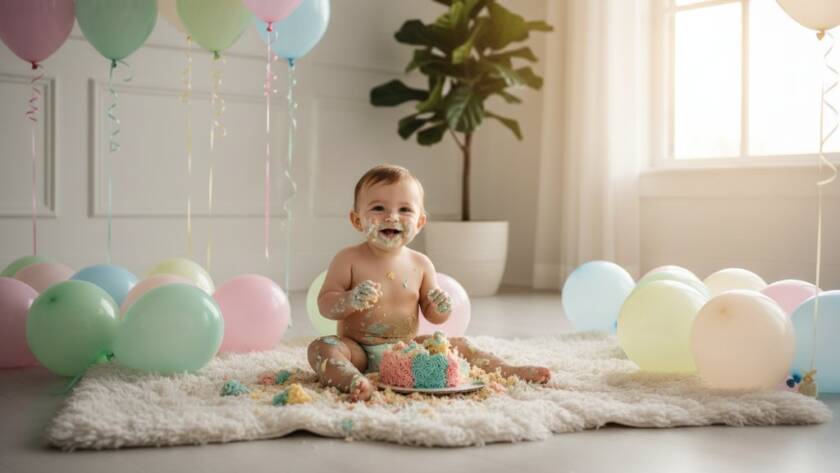 A wide-angle, vibrant, professional photograph capturing the joyous chaos of joyful first birthday cake smash photography St Albans Victoria, featuring a baby gleefully covered in cake, bathed in golden hour light, surrounded by colourful balloons.