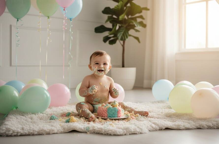 A wide-angle, vibrant, professional photograph capturing the joyous chaos of joyful first birthday cake smash photography St Albans Victoria, featuring a baby gleefully covered in cake, bathed in golden hour light, surrounded by colourful balloons.