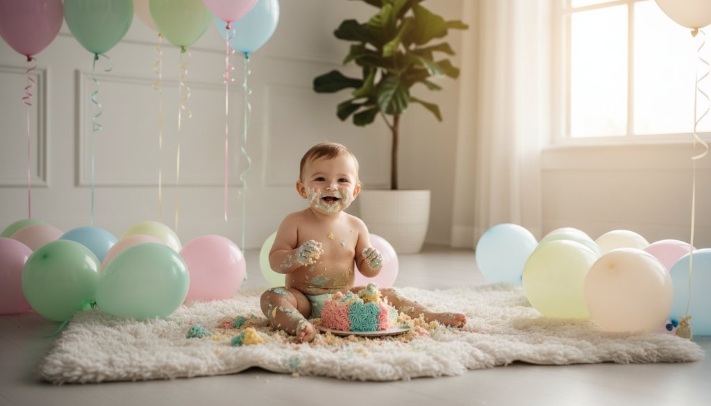 A wide-angle, vibrant, professional photograph capturing the joyous chaos of joyful first birthday cake smash photography St Albans Victoria, featuring a baby gleefully covered in cake, bathed in golden hour light, surrounded by colourful balloons.