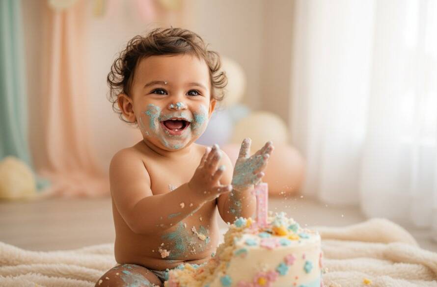 An epic moment of pure delight as a baby covered in cake smiles widely during a joyful first birthday cake smash photography Sunshine Victoria session, captured with professional lighting.
