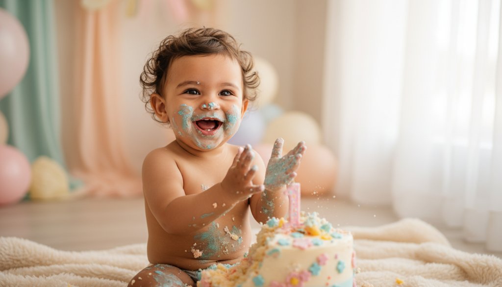 An epic moment of pure delight as a baby covered in cake smiles widely during a joyful first birthday cake smash photography Sunshine Victoria session, captured with professional lighting.