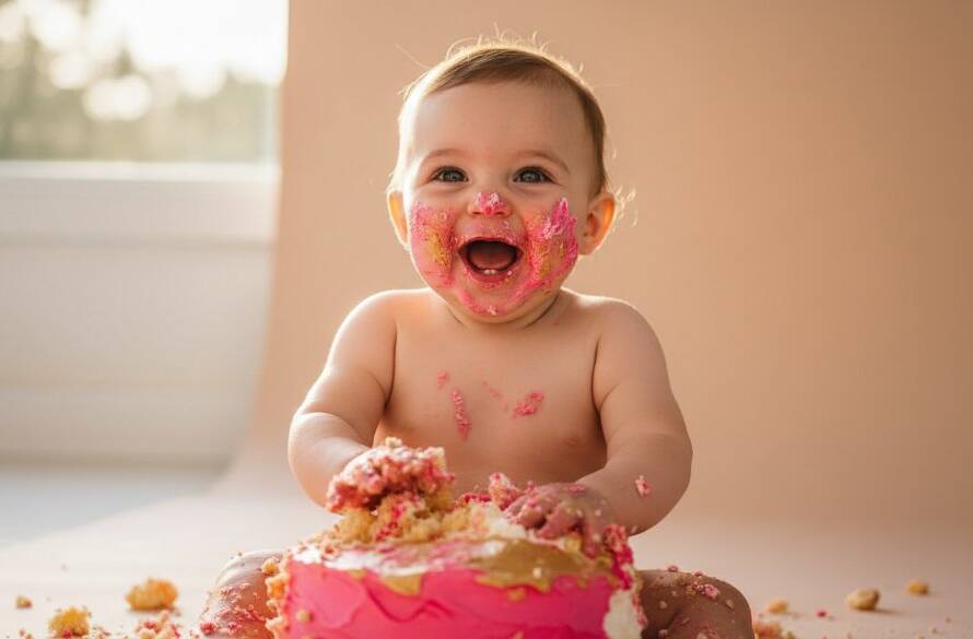 A vibrant, emotionally charged photograph capturing a baby's joyful, messy first birthday cake smash in Sydenham, featuring dramatic backlighting highlighting the frosting explosion and the baby's ecstatic expression, embodying the focus keyphrase: Joyful first birthday cake smash photography Sydenham.