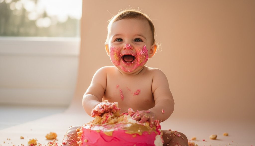 A vibrant, emotionally charged photograph capturing a baby's joyful, messy first birthday cake smash in Sydenham, featuring dramatic backlighting highlighting the frosting explosion and the baby's ecstatic expression, embodying the focus keyphrase: Joyful first birthday cake smash photography Sydenham.