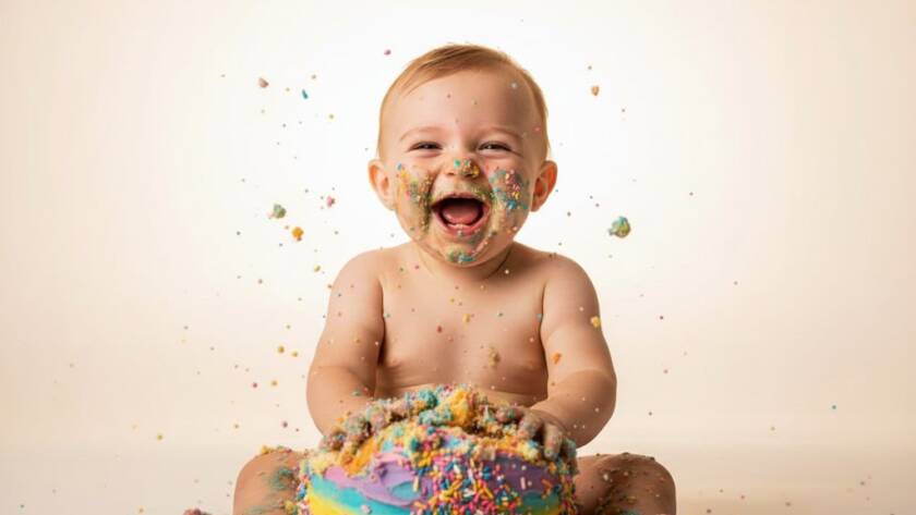 An enchanting and joyful first birthday cake smash photography Tarneit moment, capturing a baby's delighted expression as they smash into a colourful cake, with dramatic warm light highlighting sprinkles mid-air in a beautifully styled studio set.