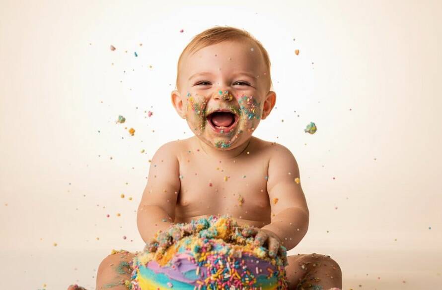 An enchanting and joyful first birthday cake smash photography Tarneit moment, capturing a baby's delighted expression as they smash into a colourful cake, with dramatic warm light highlighting sprinkles mid-air in a beautifully styled studio set.