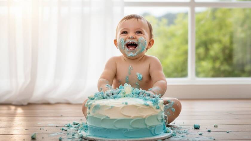 An epic moment captured in a professional photograph featuring a happy baby in Upper Ferntree Gully joyfully smashing a birthday cake, frosting everywhere, with dramatic, warm backlighting, symbolizing the joyful first birthday cake smash photography Upper Ferntree Gully experience.