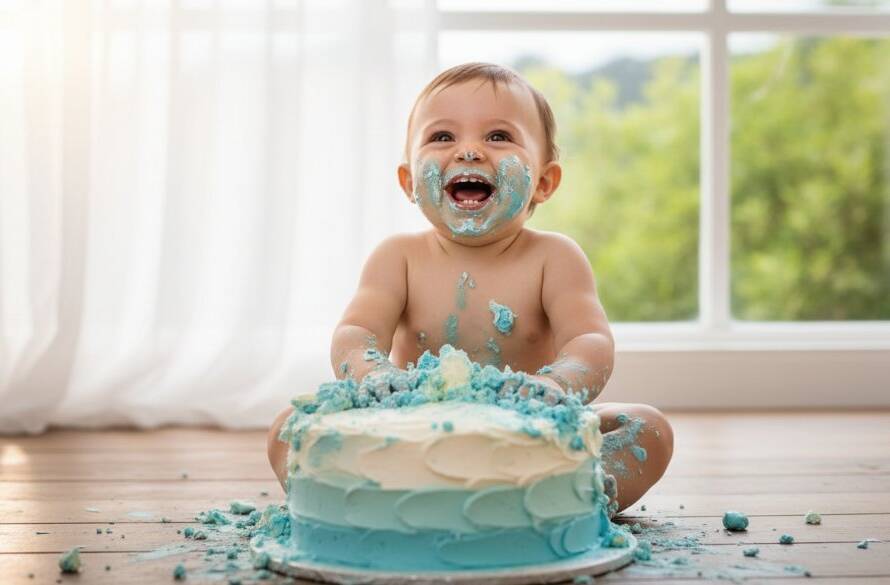 An epic moment captured in a professional photograph featuring a happy baby in Upper Ferntree Gully joyfully smashing a birthday cake, frosting everywhere, with dramatic, warm backlighting, symbolizing the joyful first birthday cake smash photography Upper Ferntree Gully experience.