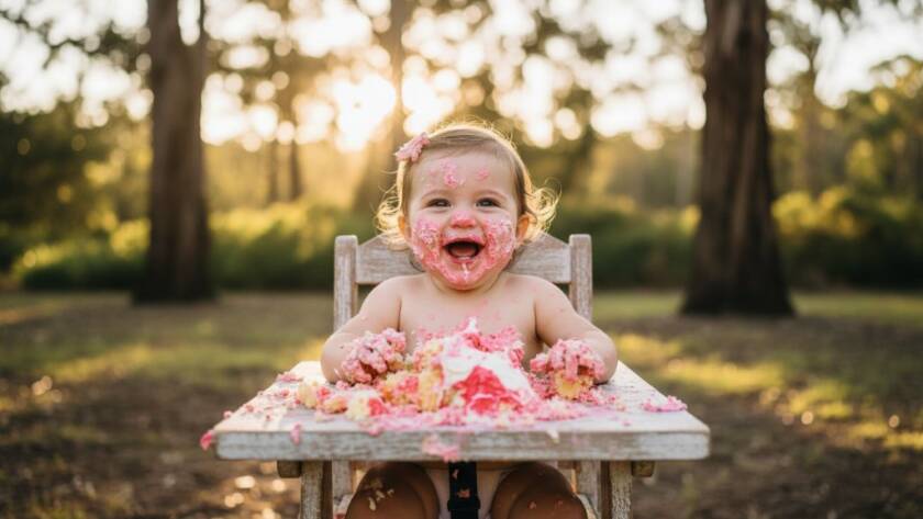An epic moment capture of joyful first birthday cake smash photography Warrandyte South, showing a baby covered in cake, laughing exuberantly amidst a whimsical outdoor setting with dramatic golden hour light.