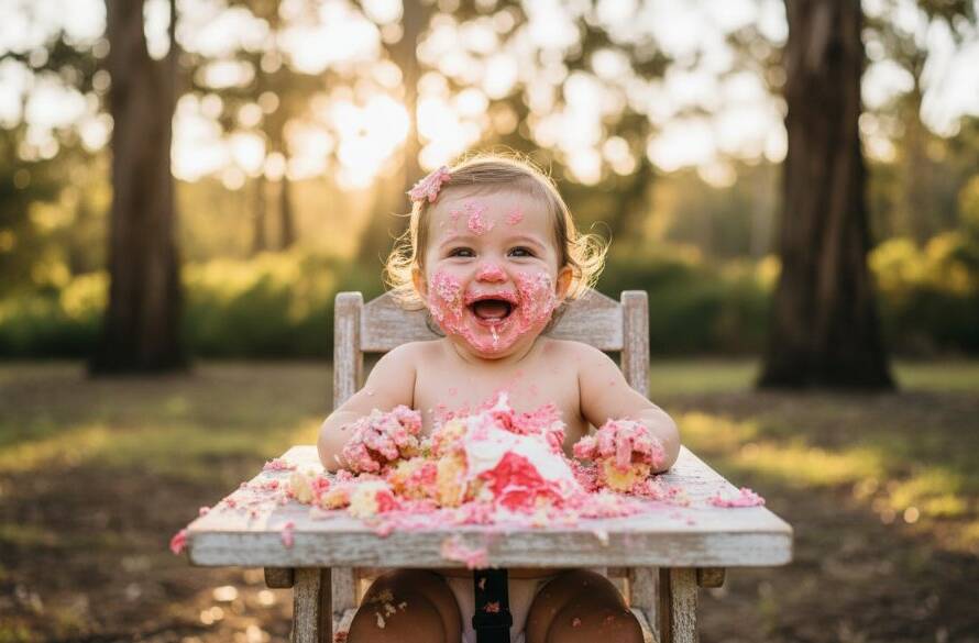 An epic moment capture of joyful first birthday cake smash photography Warrandyte South, showing a baby covered in cake, laughing exuberantly amidst a whimsical outdoor setting with dramatic golden hour light.