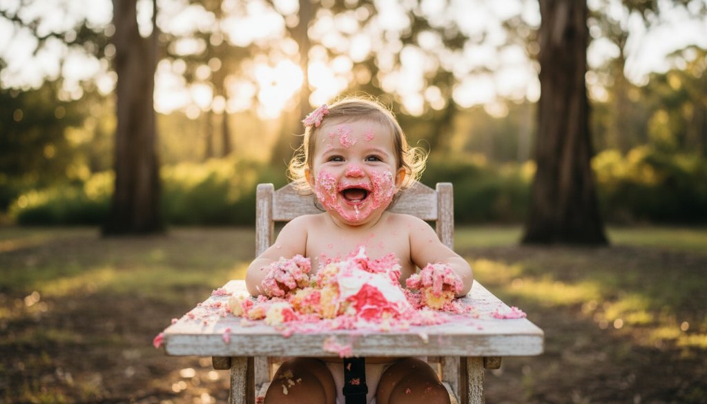 An epic moment capture of joyful first birthday cake smash photography Warrandyte South, showing a baby covered in cake, laughing exuberantly amidst a whimsical outdoor setting with dramatic golden hour light.