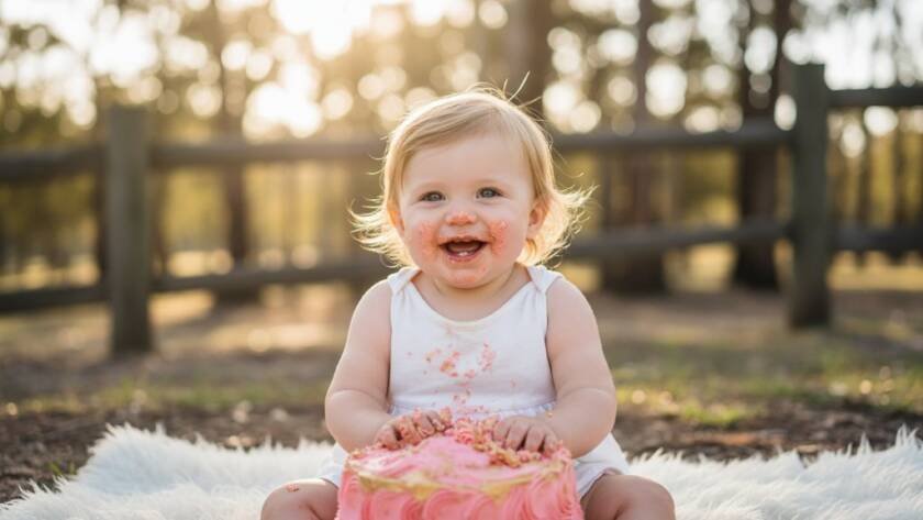 A truly joyful first birthday cake smash photography Wonga Park moment, featuring a happy baby covered in pink frosting, laughing amidst a whimsical, pastel-themed setup in a sun-drenched Wonga Park studio, captured with dramatic, professional lighting.