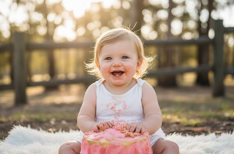 A truly joyful first birthday cake smash photography Wonga Park moment, featuring a happy baby covered in pink frosting, laughing amidst a whimsical, pastel-themed setup in a sun-drenched Wonga Park studio, captured with dramatic, professional lighting.
