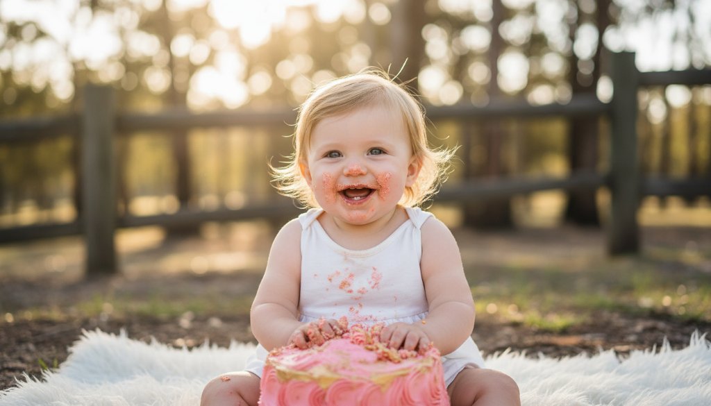 A truly joyful first birthday cake smash photography Wonga Park moment, featuring a happy baby covered in pink frosting, laughing amidst a whimsical, pastel-themed setup in a sun-drenched Wonga Park studio, captured with dramatic, professional lighting.