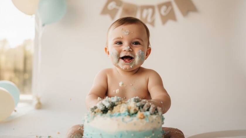 A joyous baby in Hughesdale, Victoria, covered in cake during a professional 'Joyful First Birthday Cake Smash Photos Hughesdale Victoria' session, with soft, golden light highlighting their happy expression and messy hands.