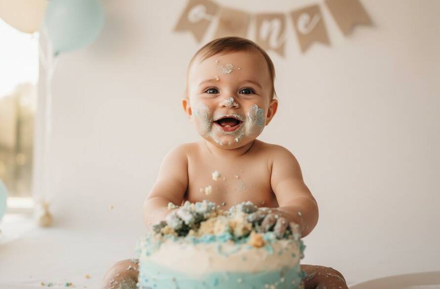 A joyous baby in Hughesdale, Victoria, covered in cake during a professional 'Joyful First Birthday Cake Smash Photos Hughesdale Victoria' session, with soft, golden light highlighting their happy expression and messy hands.
