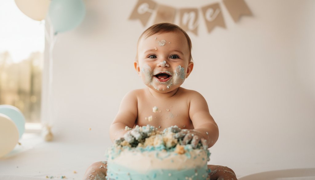 A joyous baby in Hughesdale, Victoria, covered in cake during a professional 'Joyful First Birthday Cake Smash Photos Hughesdale Victoria' session, with soft, golden light highlighting their happy expression and messy hands.