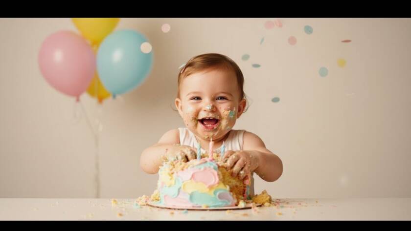 Joyful first birthday cake smash Ringwood East photo capturing a baby covered in cake, laughing amidst colourful balloons and soft studio lighting, creating an epic, heartwarming moment.