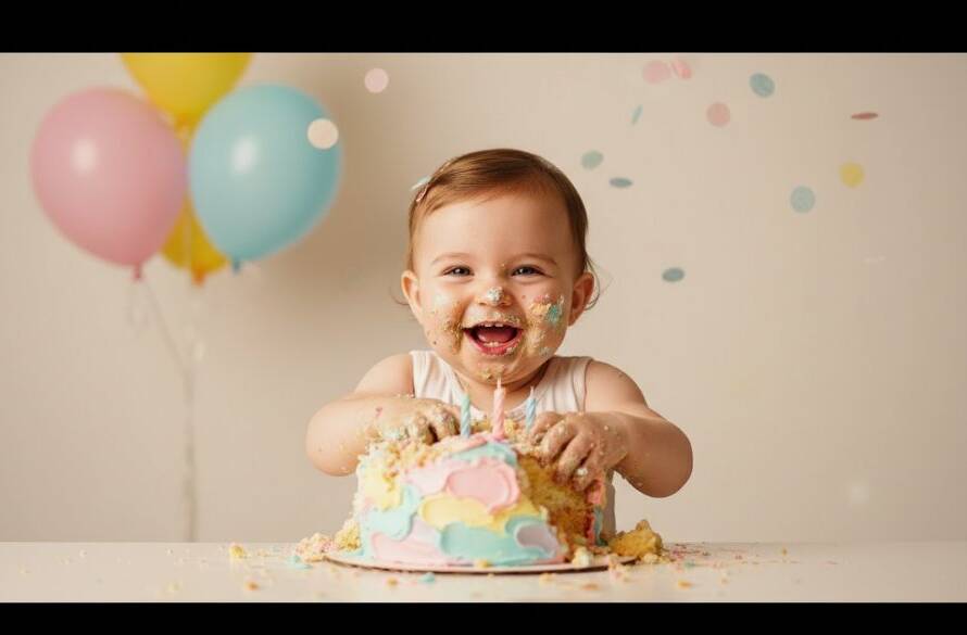 Joyful first birthday cake smash Ringwood East photo capturing a baby covered in cake, laughing amidst colourful balloons and soft studio lighting, creating an epic, heartwarming moment.