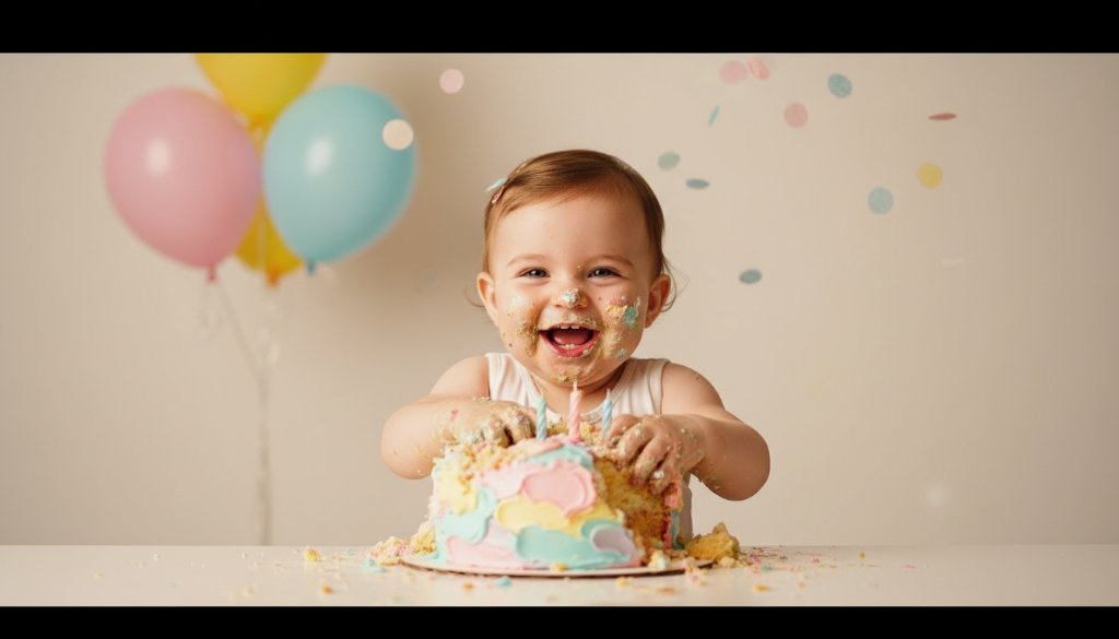 Joyful first birthday cake smash Ringwood East photo capturing a baby covered in cake, laughing amidst colourful balloons and soft studio lighting, creating an epic, heartwarming moment.