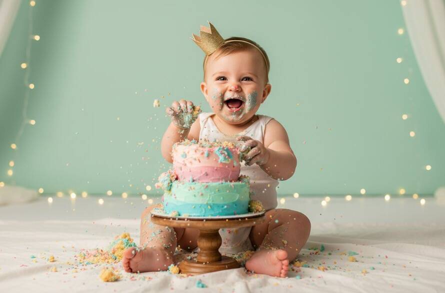 A wide-angle, vibrant photograph capturing a baby joyfully smashing a birthday cake during a joyful first birthday cake smash Ringwood VIC photoshoot, with sprinkles flying and dramatic warm light.