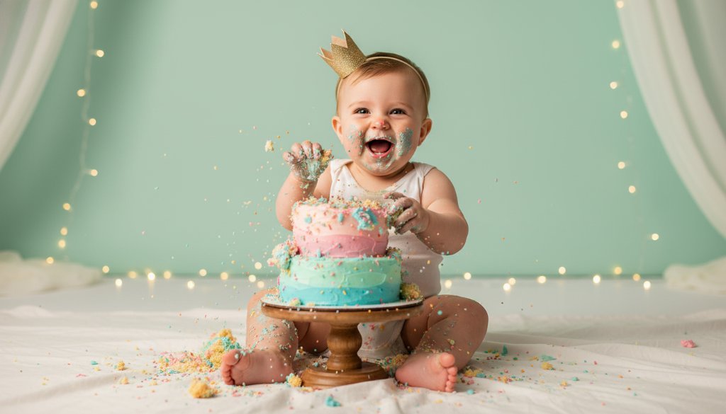 A wide-angle, vibrant photograph capturing a baby joyfully smashing a birthday cake during a joyful first birthday cake smash Ringwood VIC photoshoot, with sprinkles flying and dramatic warm light.