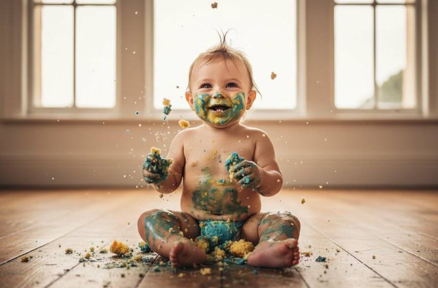 A dramatic, close-up, wide-angle shot of a baby joyfully smashing a colourful cake during a professional Joyful First Birthday Cake Smash Yarraville Portraits session, flour and frosting flying, captured with cinematic lighting and a shallow depth of field, showcasing pure, uninhibited delight.