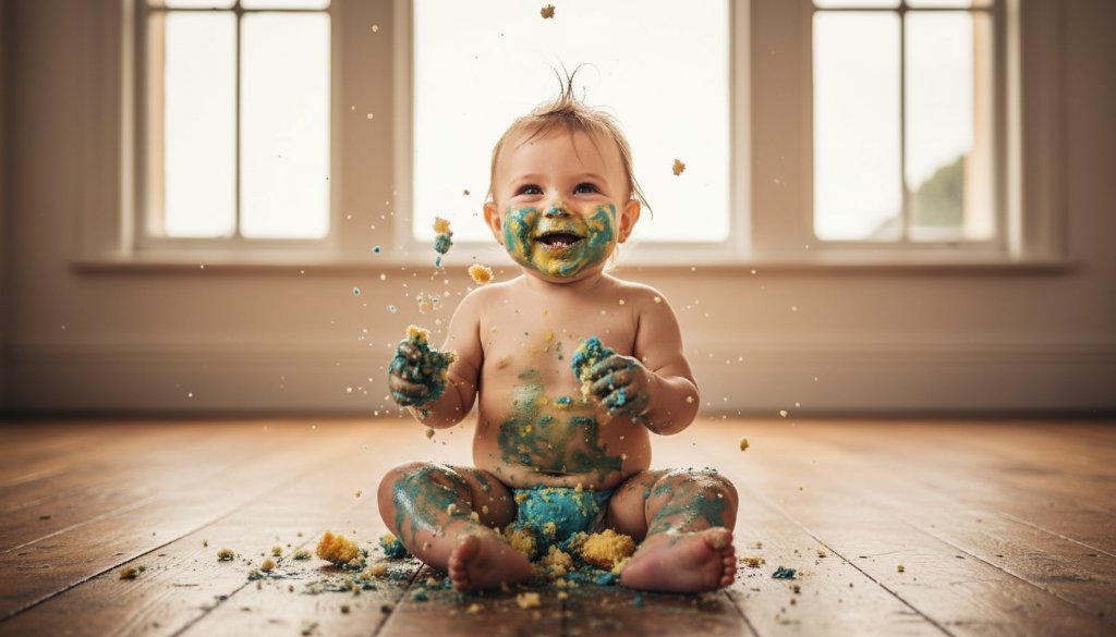 A dramatic, close-up, wide-angle shot of a baby joyfully smashing a colourful cake during a professional Joyful First Birthday Cake Smash Yarraville Portraits session, flour and frosting flying, captured with cinematic lighting and a shallow depth of field, showcasing pure, uninhibited delight.