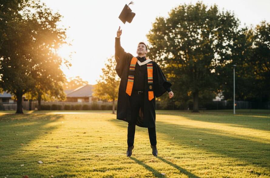 An epic, wide-angle shot of a beaming graduate in cap and gown, joyfully tossing their mortarboard against a vibrant Sunshine, Victoria skyline at sunset, embodying joyful graduation photography Sunshine Victoria memories.