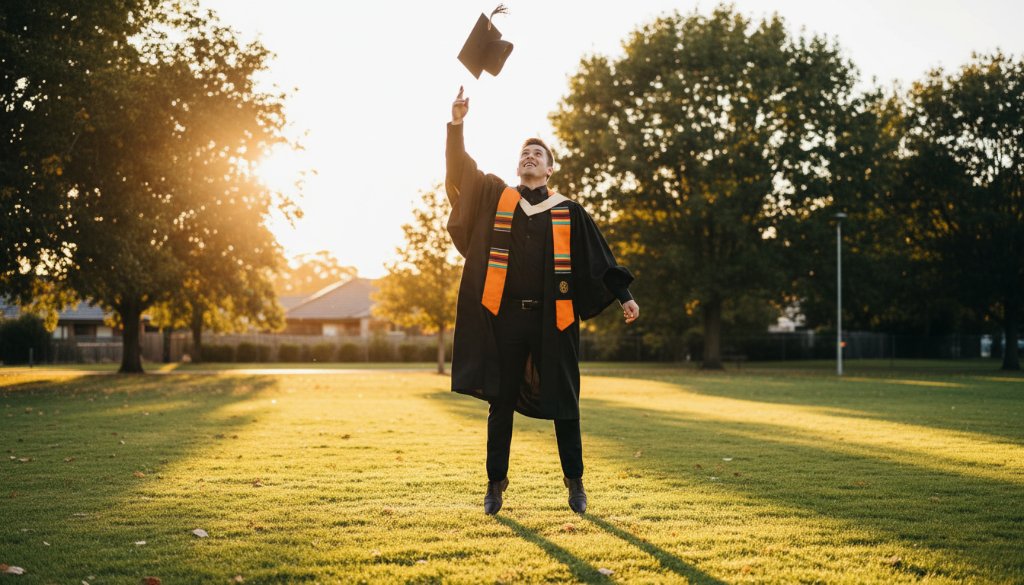 An epic, wide-angle shot of a beaming graduate in cap and gown, joyfully tossing their mortarboard against a vibrant Sunshine, Victoria skyline at sunset, embodying joyful graduation photography Sunshine Victoria memories.