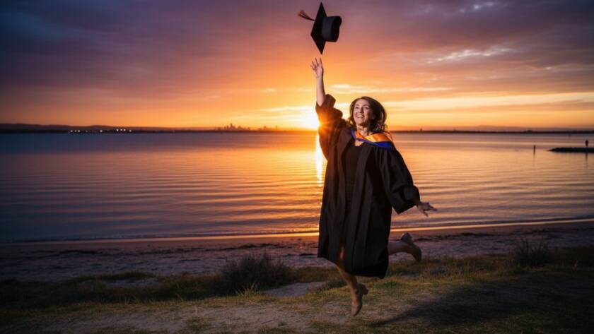 A vibrant, wide-angle 'epic moment' shot capturing joyful graduation portraits Seabrook foreshore Victoria, featuring a graduate in full regalia throwing their cap high against a dramatic sunset over Port Phillip Bay, with the Seabrook foreshore and city lights faintly visible in the background, professional colour grading highlighting their triumphant expression.