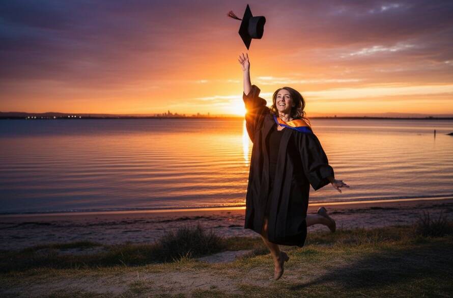 A vibrant, wide-angle 'epic moment' shot capturing joyful graduation portraits Seabrook foreshore Victoria, featuring a graduate in full regalia throwing their cap high against a dramatic sunset over Port Phillip Bay, with the Seabrook foreshore and city lights faintly visible in the background, professional colour grading highlighting their triumphant expression.