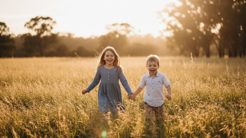 An epic moment from joyful Herne Hill kids photo adventures, featuring two beaming children in mid-run through a sunlit field, their laughter echoing, captured with beautiful golden hour light filtering through trees in Herne Hill, Victoria, showcasing pure childhood joy.