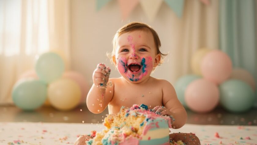 A joyous close-up of a baby's face, covered in cake, laughing amidst a vibrant Highton Victoria cake smash photography session, with bokeh lights and a festive backdrop.