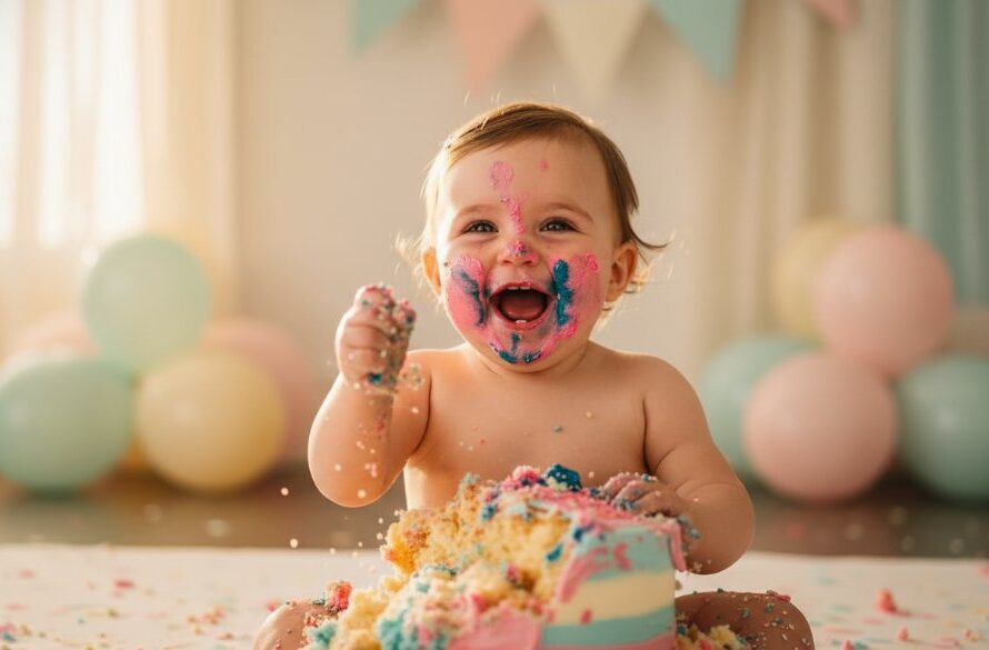 A joyous close-up of a baby's face, covered in cake, laughing amidst a vibrant Highton Victoria cake smash photography session, with bokeh lights and a festive backdrop.