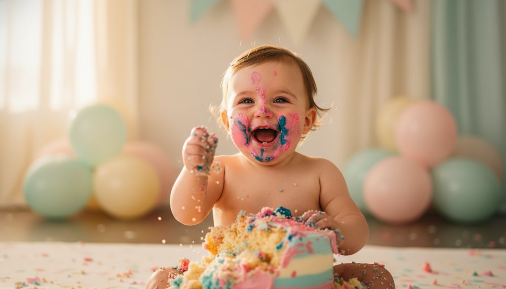 A joyous close-up of a baby's face, covered in cake, laughing amidst a vibrant Highton Victoria cake smash photography session, with bokeh lights and a festive backdrop.
