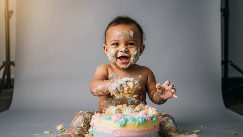 A jubilant baby covered in cake, joyfully smashing a birthday cake during a memorable Hoppers Crossing first birthday cake smash photoshoot, captured with dramatic lighting.