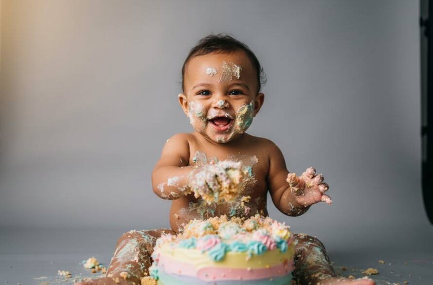 A jubilant baby covered in cake, joyfully smashing a birthday cake during a memorable Hoppers Crossing first birthday cake smash photoshoot, captured with dramatic lighting.