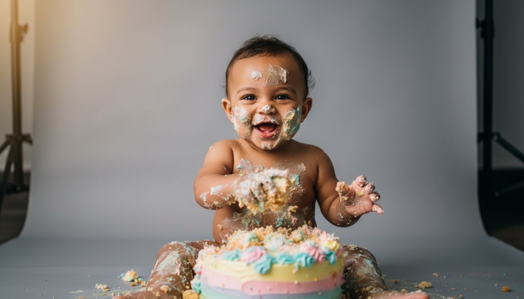A jubilant baby covered in cake, joyfully smashing a birthday cake during a memorable Hoppers Crossing first birthday cake smash photoshoot, captured with dramatic lighting.