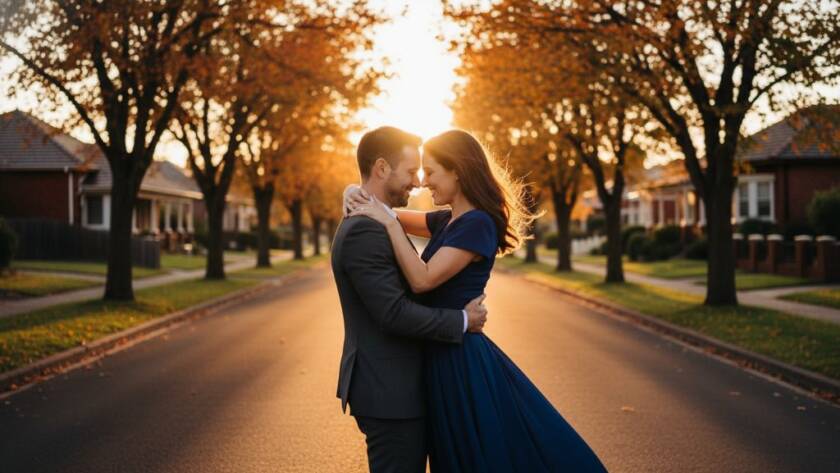 A couple shares an emotionally charged, joyful embrace during their Hughesdale engagement photography session, dramatically backlit by a fiery golden sunset on a charming, tree-lined street, capturing their authentic love story in a cinematic, epic moment.