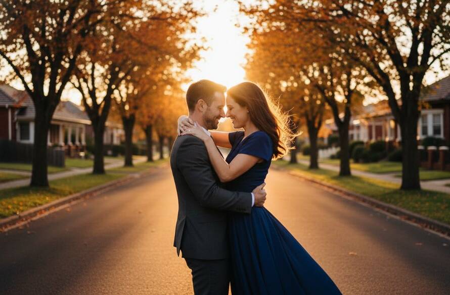 A couple shares an emotionally charged, joyful embrace during their Hughesdale engagement photography session, dramatically backlit by a fiery golden sunset on a charming, tree-lined street, capturing their authentic love story in a cinematic, epic moment.