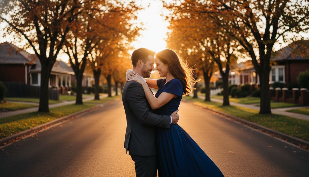 A couple shares an emotionally charged, joyful embrace during their Hughesdale engagement photography session, dramatically backlit by a fiery golden sunset on a charming, tree-lined street, capturing their authentic love story in a cinematic, epic moment.