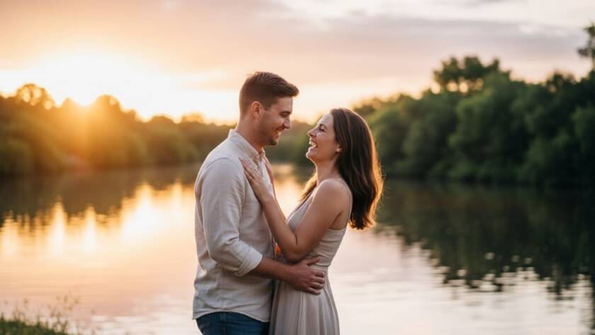A couple shares a joyful embrace during their Kealba engagement photography session, silhouetted against a golden sunset over the tranquil Maribyrnong River, capturing an epic moment of pure happiness.
