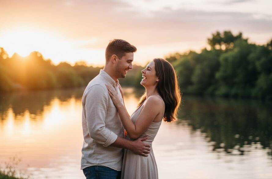 A couple shares a joyful embrace during their Kealba engagement photography session, silhouetted against a golden sunset over the tranquil Maribyrnong River, capturing an epic moment of pure happiness.