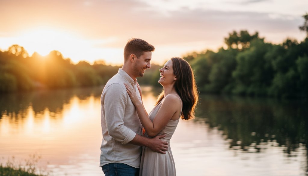 A couple shares a joyful embrace during their Kealba engagement photography session, silhouetted against a golden sunset over the tranquil Maribyrnong River, capturing an epic moment of pure happiness.