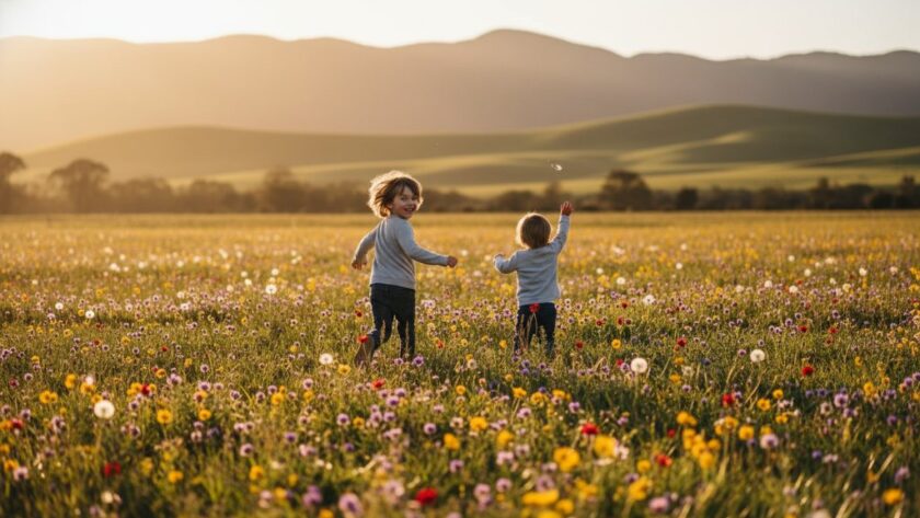 A vibrant, high-angle wide shot capturing a moment of pure joy, as a child with a beaming smile is playfully chasing bubbles in a sun-dappled field near the foothills of the Grampians, showcasing joyful kids photography in Ararat, Victoria, with dramatic lens flare and warm, golden hour light.