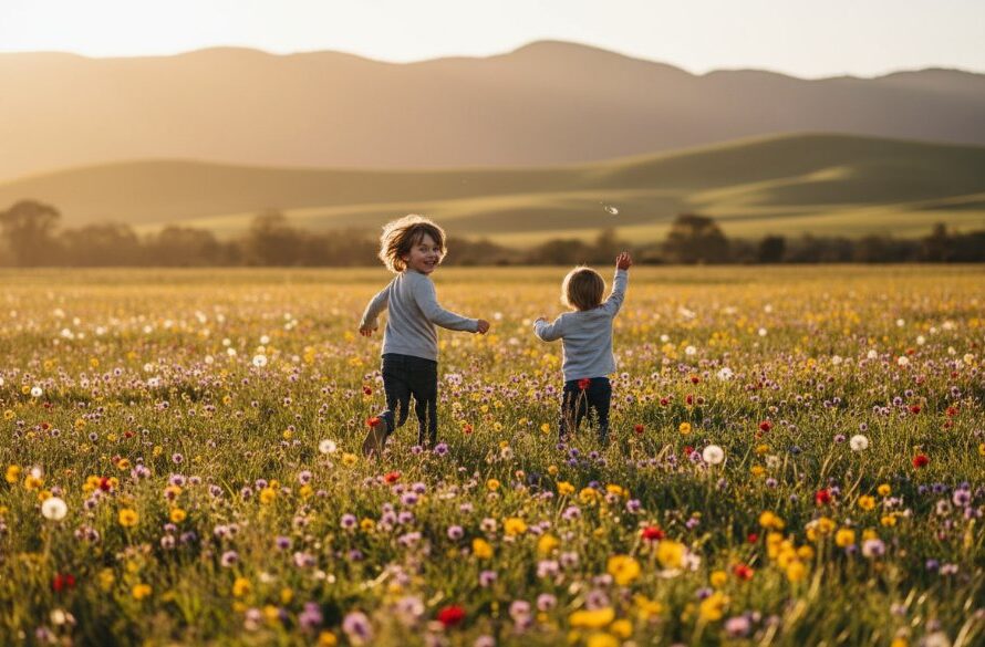A vibrant, high-angle wide shot capturing a moment of pure joy, as a child with a beaming smile is playfully chasing bubbles in a sun-dappled field near the foothills of the Grampians, showcasing joyful kids photography in Ararat, Victoria, with dramatic lens flare and warm, golden hour light.